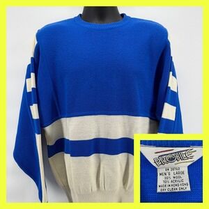 Vintage PROFILE Sweater Men's Large Blue White Striped 30% Wool Blend 80s 90s